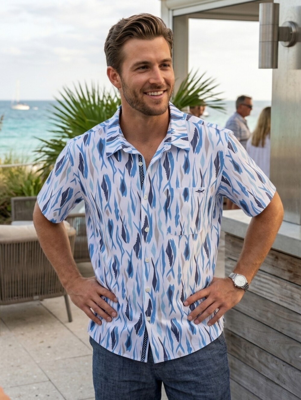 Salt Life Live Salty White Blue Short-Sleeve Button-Up Shirt Men Size 2XL Beach